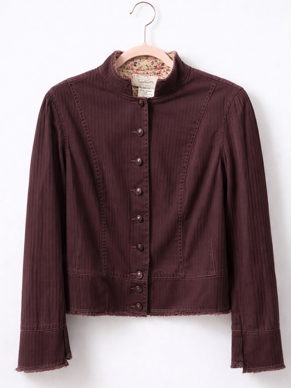 Anthro Style Burgundy Corduroy Jacket Floral Lined Button Front Cropped Boho S